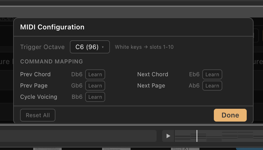 Harmonybeam MIDI controls — fully configurable MIDI mapping with CC support