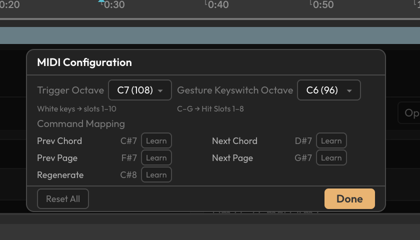 Harmonybeam MIDI controls — fully configurable MIDI mapping with CC support